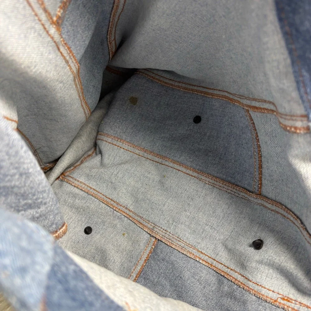 Canary Upcycle Denim Patch Work Denim Tote Recycled Material Pins Retro